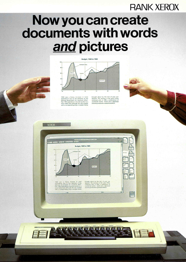 Fig. 2. Annonce publicitaire pour Xerox 8010 Star, « Now you can create documents with words and pictures », vers 1981. Archives Xerox